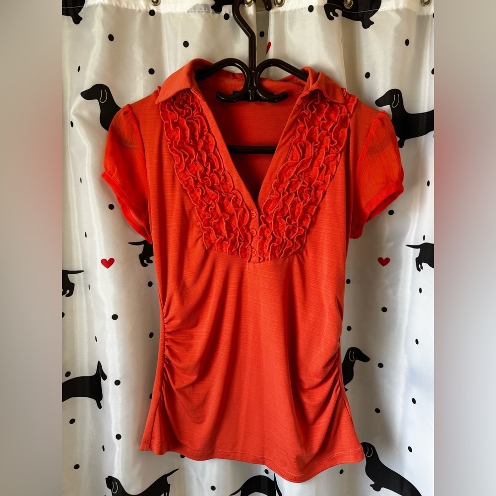HeartSoul orange-red Ruched Blouse with Polo Collar
